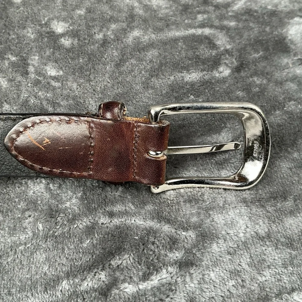 Men's Brown & Black Italian Leather Belt Silver Buckle (Brass) Western Look